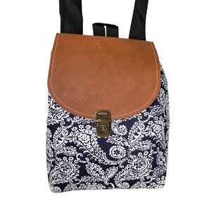 Unbranded Mini Backpack Women Small Navy White Paisley Fair Faux Leather Trim